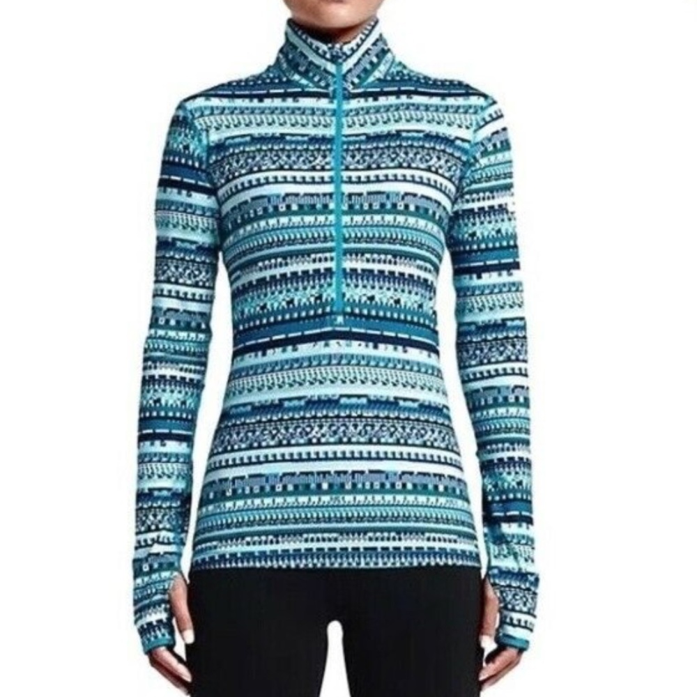 Nike Pro Dri Fit Women’s Long Sleeve Blue Print Quarter Zip Top Size Small